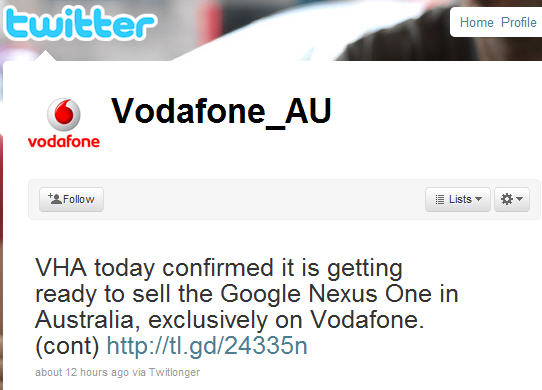 Vodafone Australia prepares to launch Nexus One 1 Twitterau