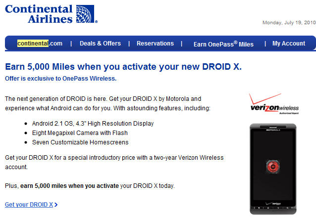 Can’t get a Droid X at Verizon? Try Continental Airlines! 1 continental